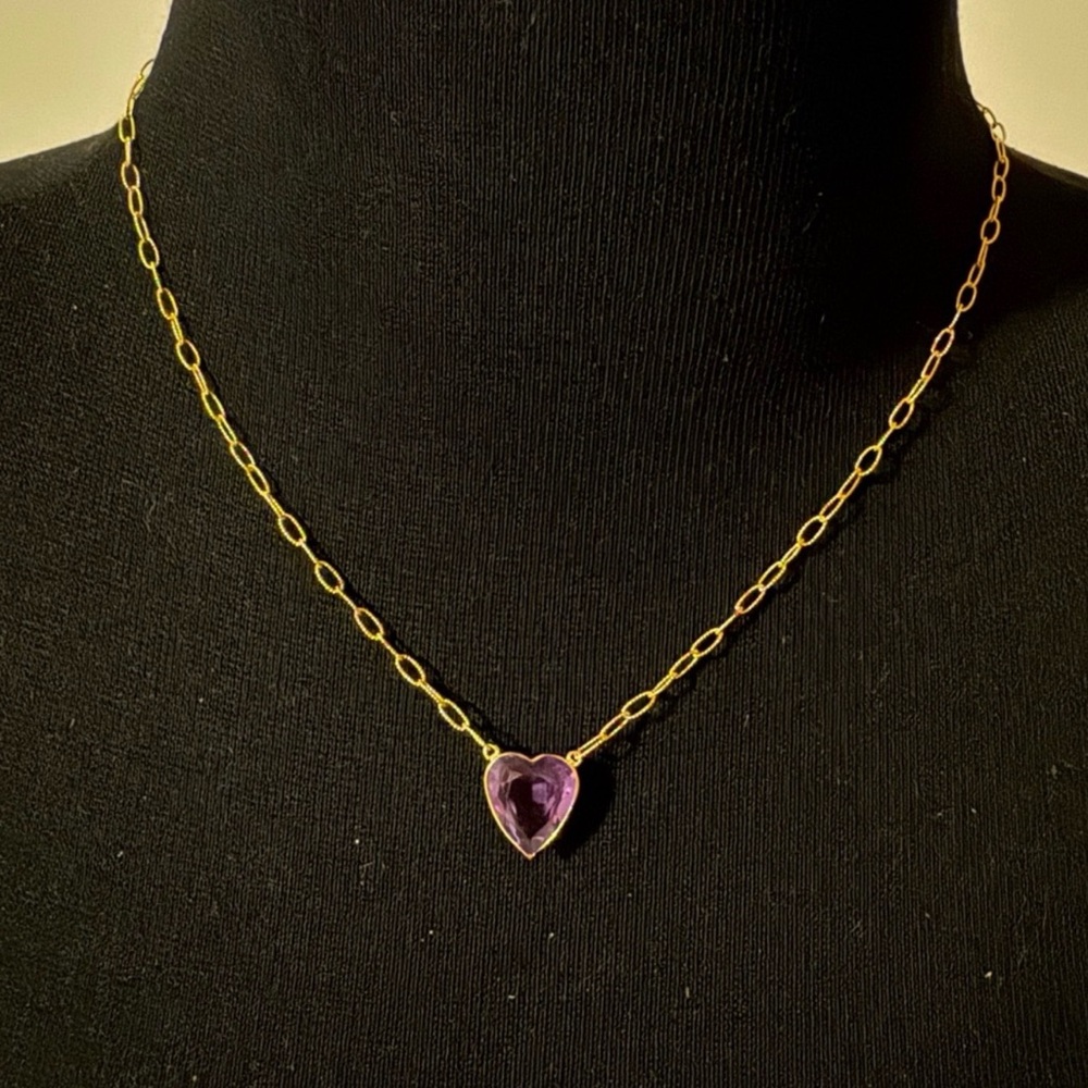 Natural Amethyst Heart 14K Yellow Gold Necklace